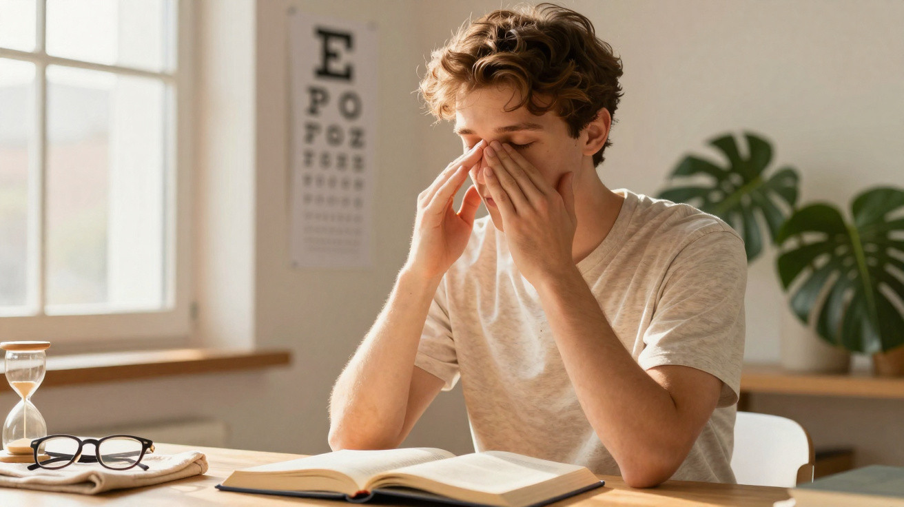 Jovem sentado a ler livro, esfregando os olhos, com quadro de teste ocular ao fundo.