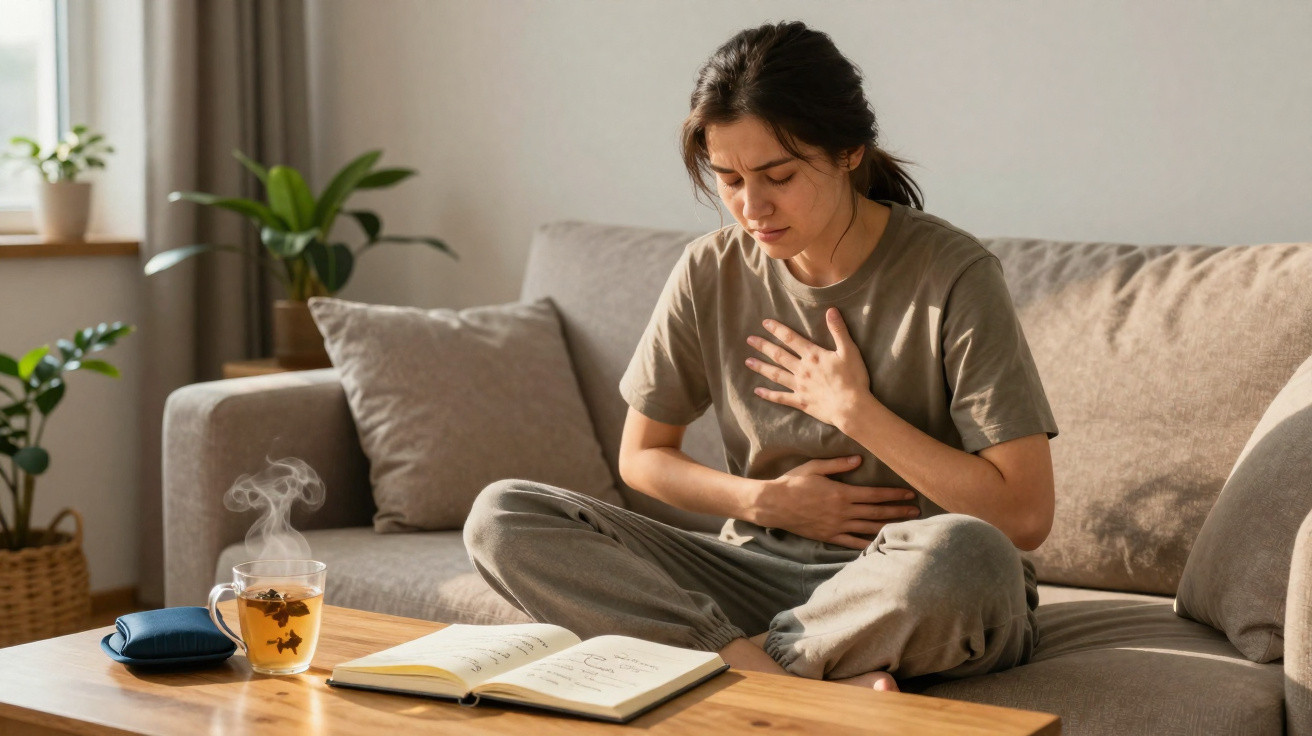 Mulher sentada no sofá com expressão de dor, mãos no peito e barriga, chá quente e caderno na mesa à frente.