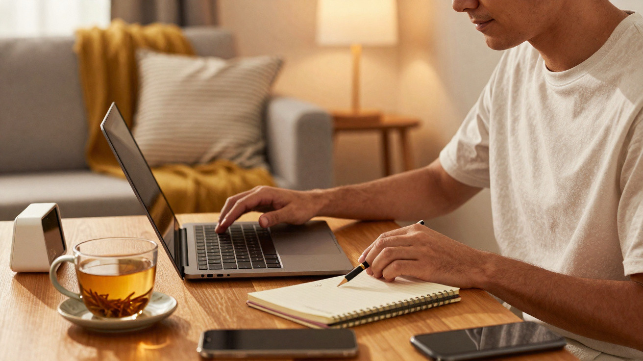 Pessoa a trabalhar numa mesa com computador portátil, caderno, chá e telemóveis num ambiente acolhedor em casa.