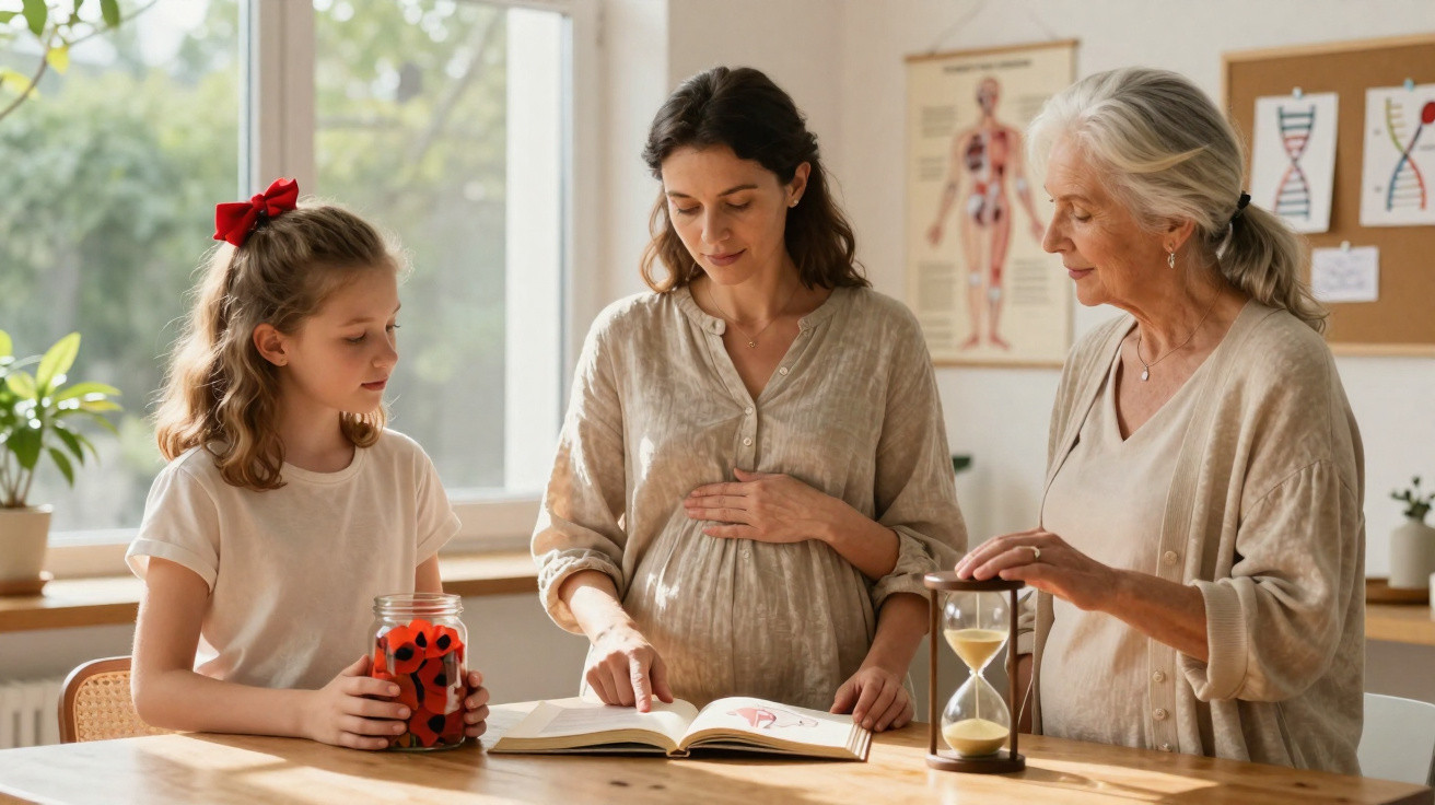 Três gerações femininas em casa, grávida lê livro enquanto menina e idosa seguram ampulheta e frasco.