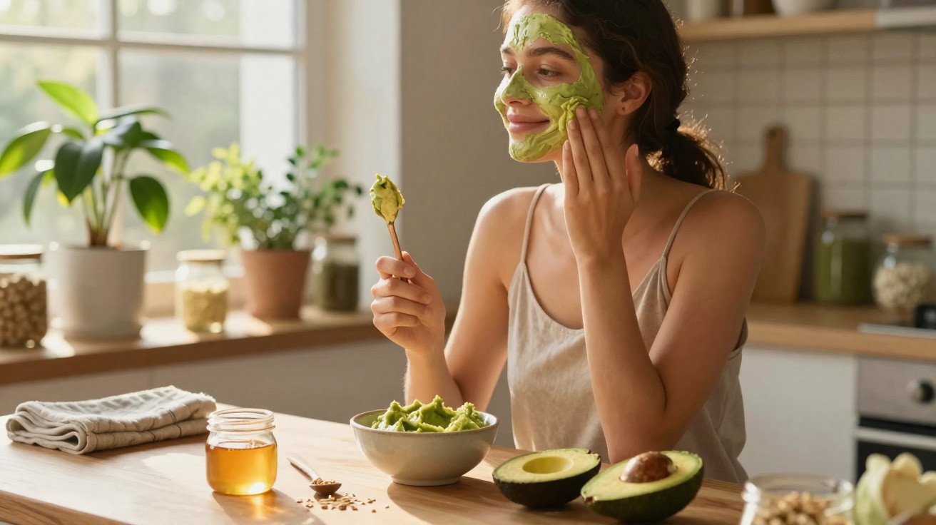 Mulher a aplicar máscara facial de abacate numa cozinha luminosa, com ingredientes naturais na mesa.