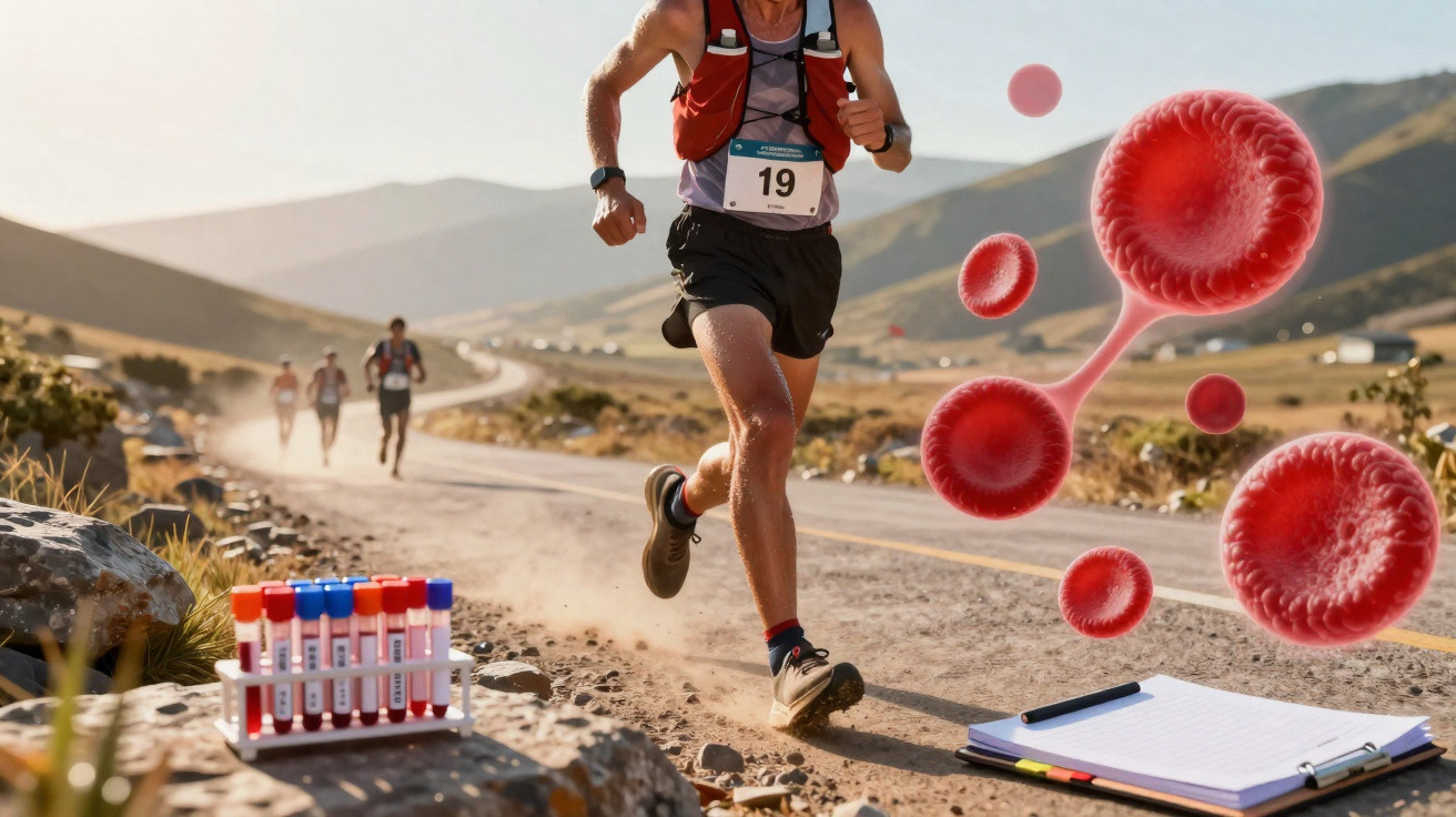 Atleta a correr numa paisagem montanhosa com tubos de ensaio e ilustração de células vermelhas no ar.