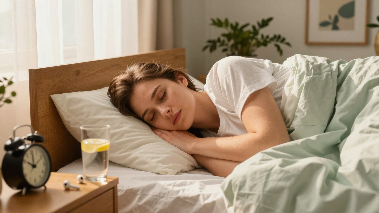 Mulher a dormir tranquilamente na cama com almofada branca e edredão verde claro, despertador e copo com água e limão na mesa