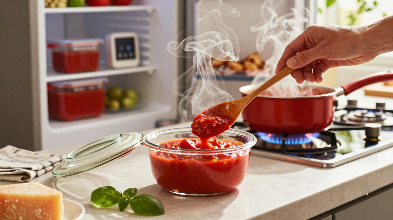 Mão mexe molho de tomate quente numa tigela de vidro numa bancada com fogão a gás e frigorífico ao fundo.