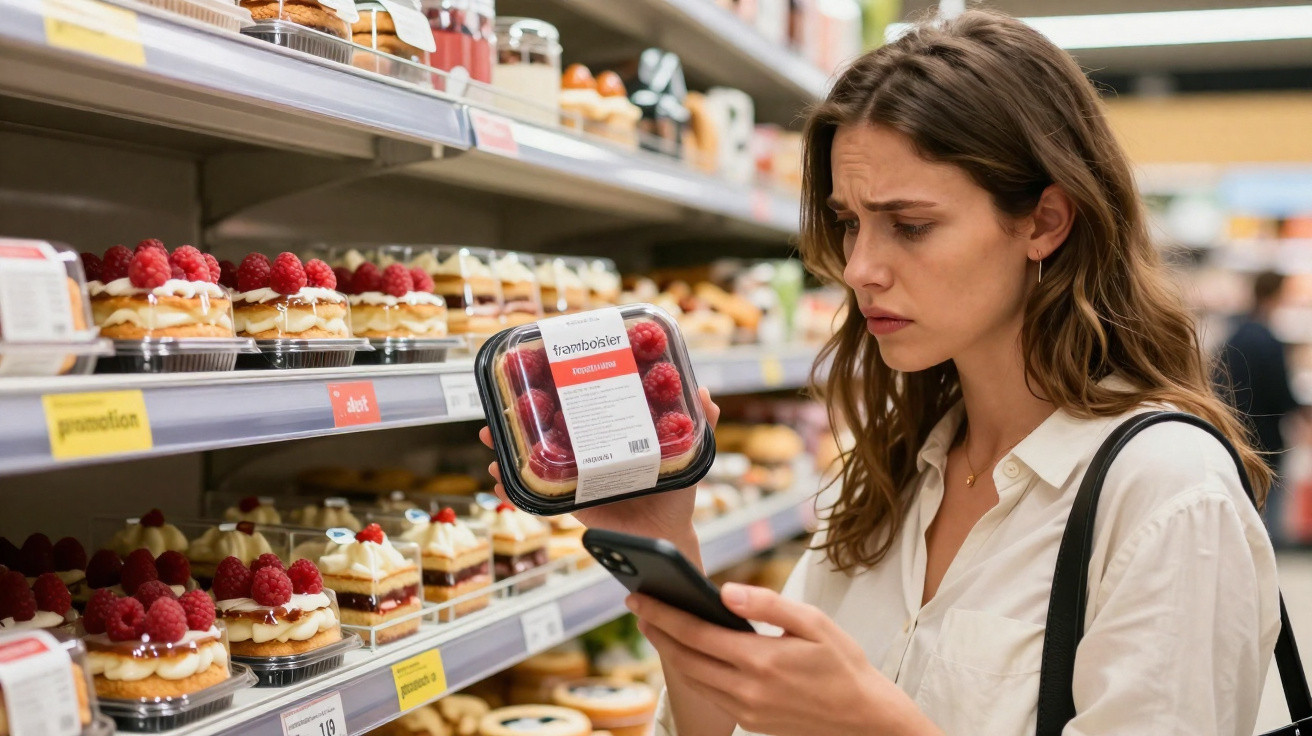Mulher com expressão preocupada segura framboesas e consulta telemóvel numa pastelaria de supermercado.