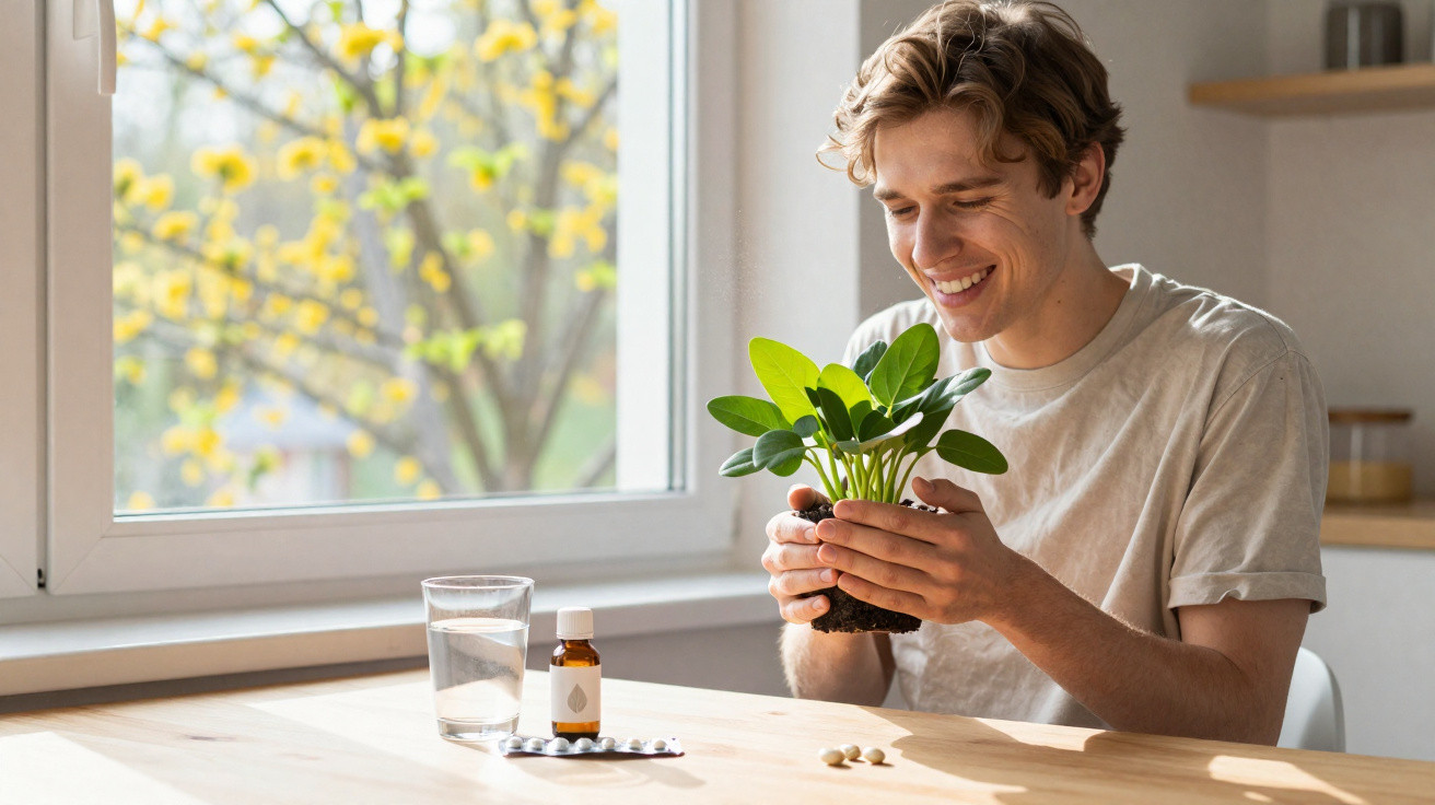 Homem sorridente a cuidar de planta em vaso pequeno junto à janela com remédios e copo de água na mesa.