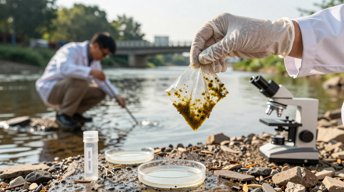 Cientistas a recolher e analisar amostras de água e sedimentos de um rio para estudo ambiental.