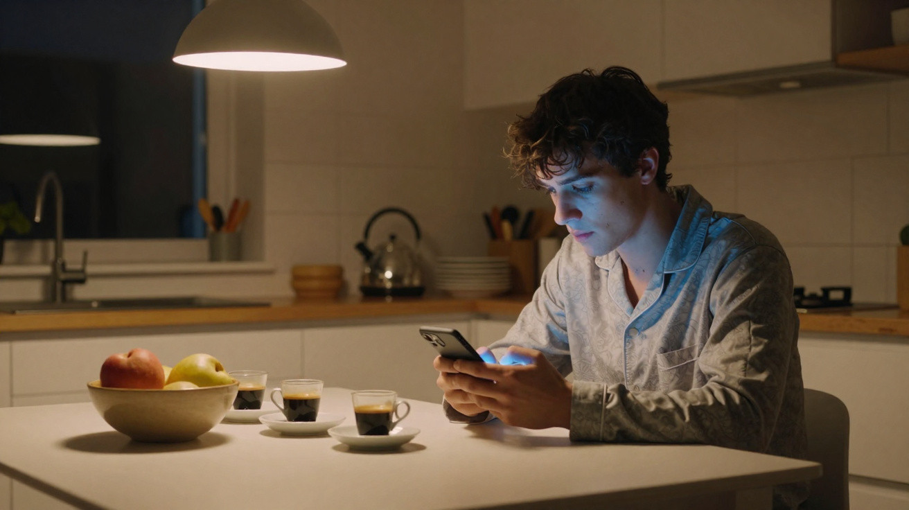 Jovem de pijama sentado à mesa da cozinha usa telemóvel à noite, com três cafés e uma tigela de frutas à sua frente.