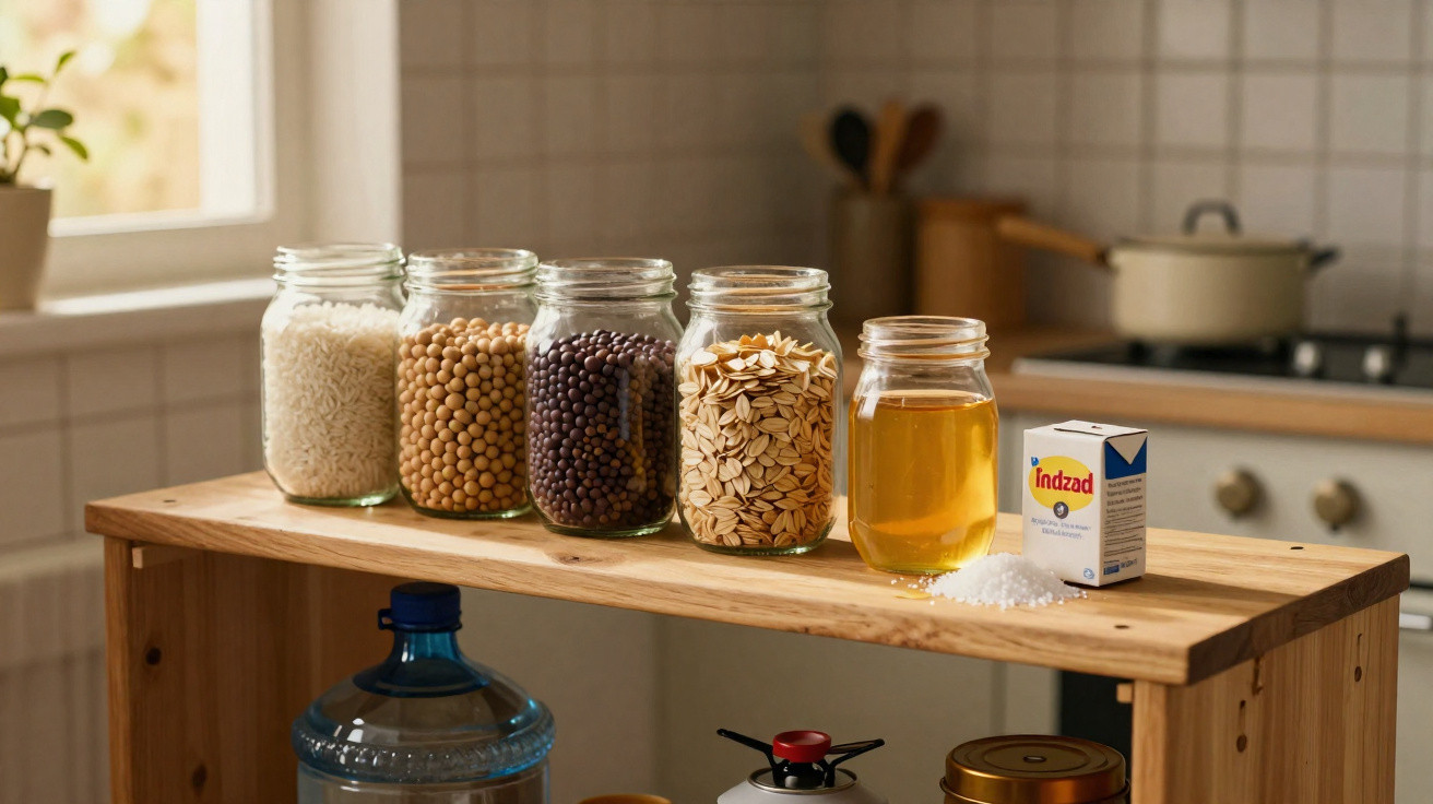 Frascos de vidro com arroz, grão-de-bico, feijão, flocos, vidro com líquido e embalagem de sal numa cozinha.