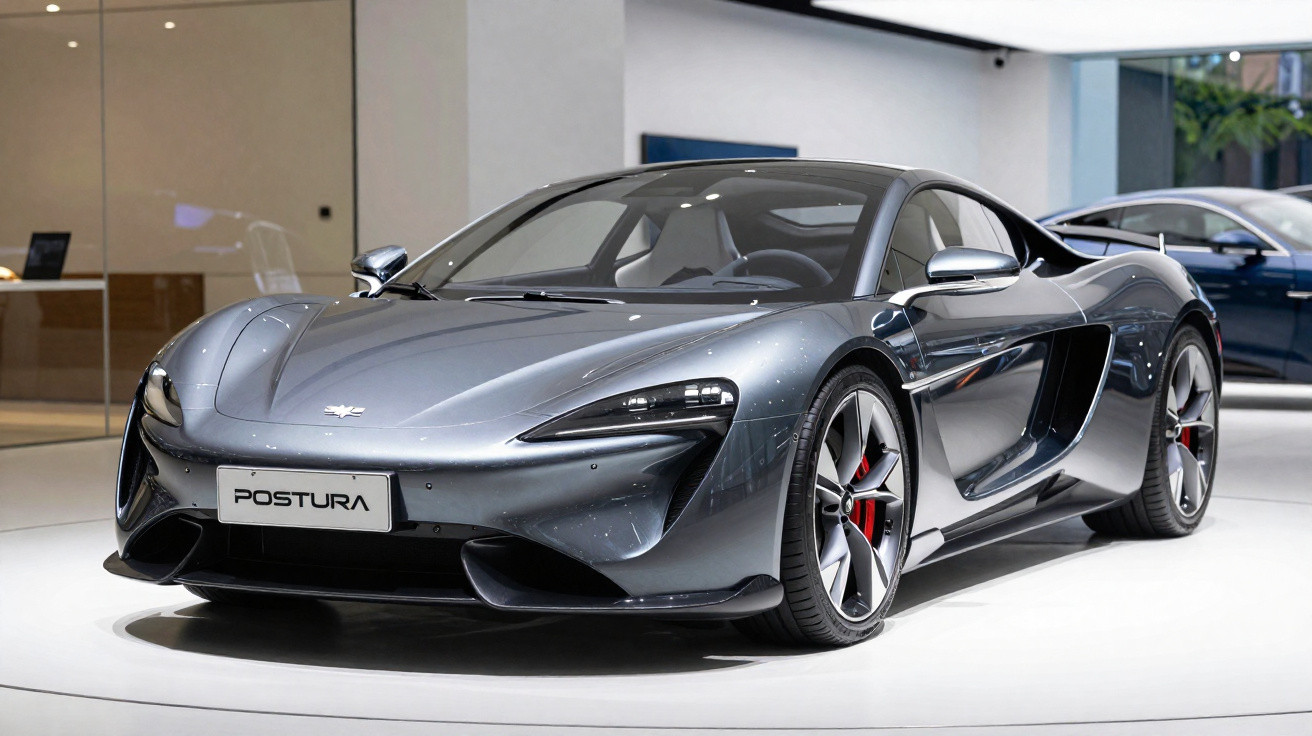 Carro desportivo cinza metálico numa exposição interior com placa frontal "POSTURA".