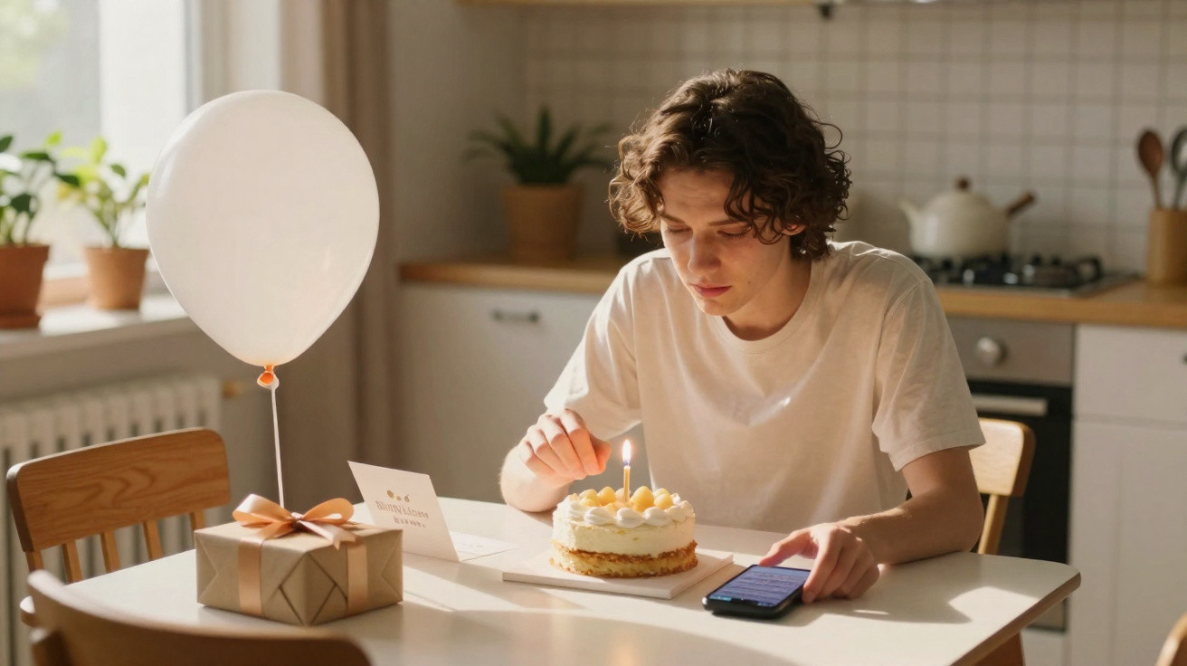Jovem sentado à mesa a assoprar vela de bolo de aniversário, com presente e balão na cozinha iluminada.