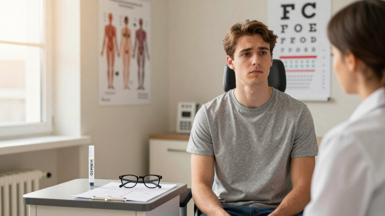 Jovem sentado numa consulta médica, olhando preocupado para a médica à sua frente.