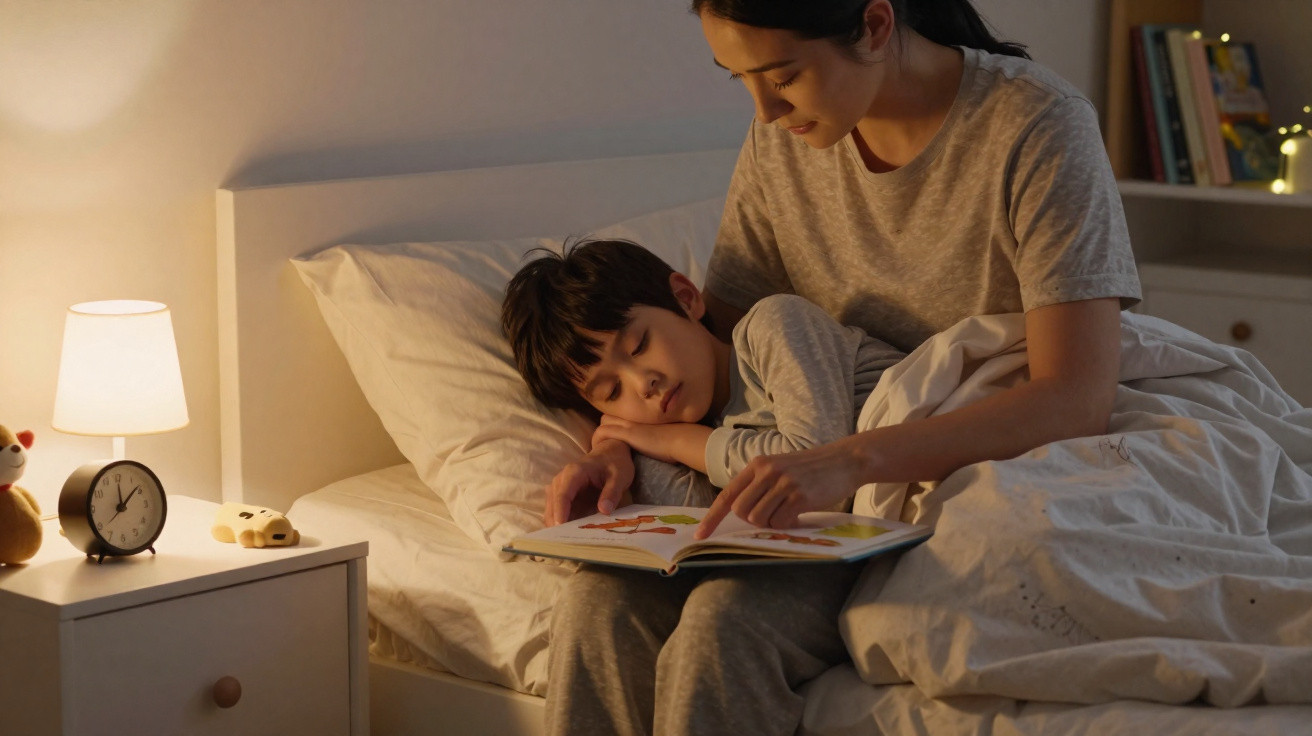 Mãe lê livro ao filho adormecido na cama num ambiente acolhedor com luz quente ao lado.