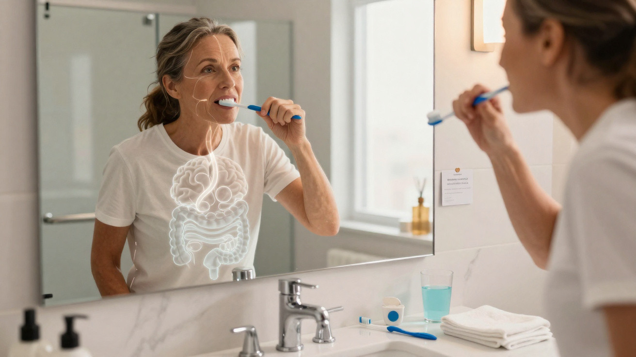 Mulher a escovar os dentes em frente a um espelho de casa de banho, com ilustração do sistema digestivo no corpo.