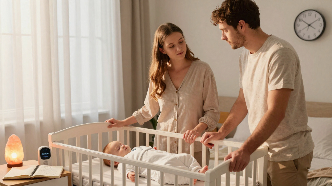 Casal atento a bebé a dormir em berço numa quarto iluminado com luz suave.