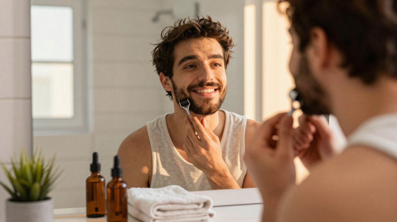 Homem sorridente a usar um massageador facial com rolo no queixo diante de um espelho na casa de banho.