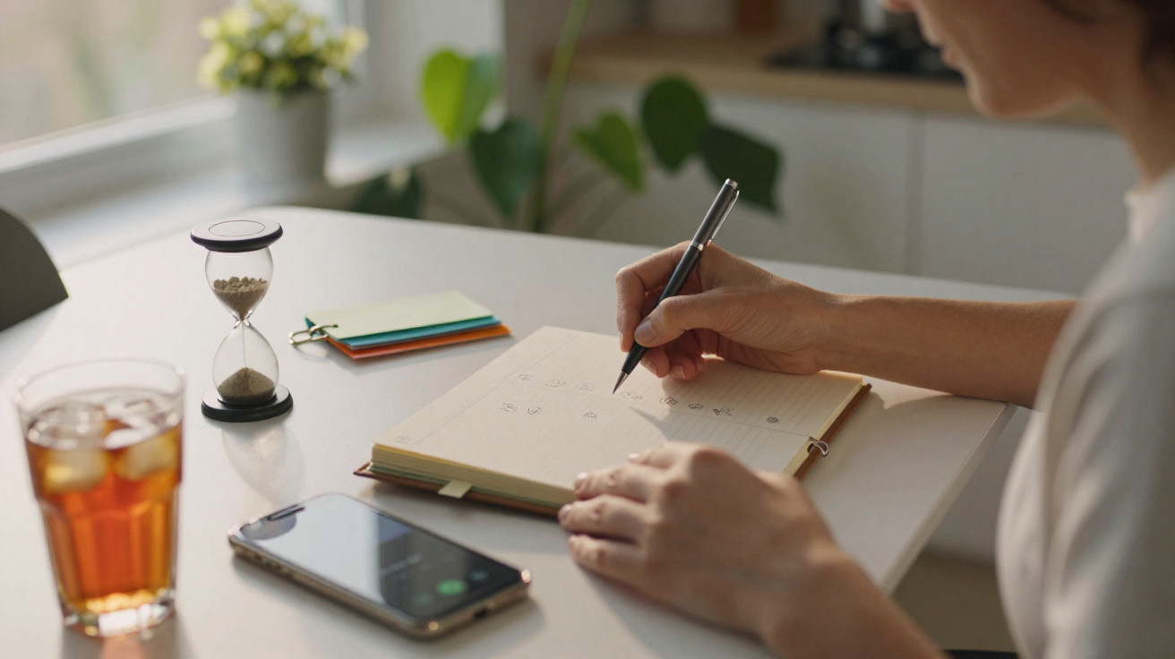 Pessoa a escrever num calendário num caderno sobre uma mesa com telefone, ampulheta e copo de chá.