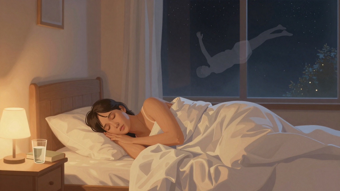 Mulher a dormir num quarto à noite, sombra de figura humana a flutuar na janela escura.
