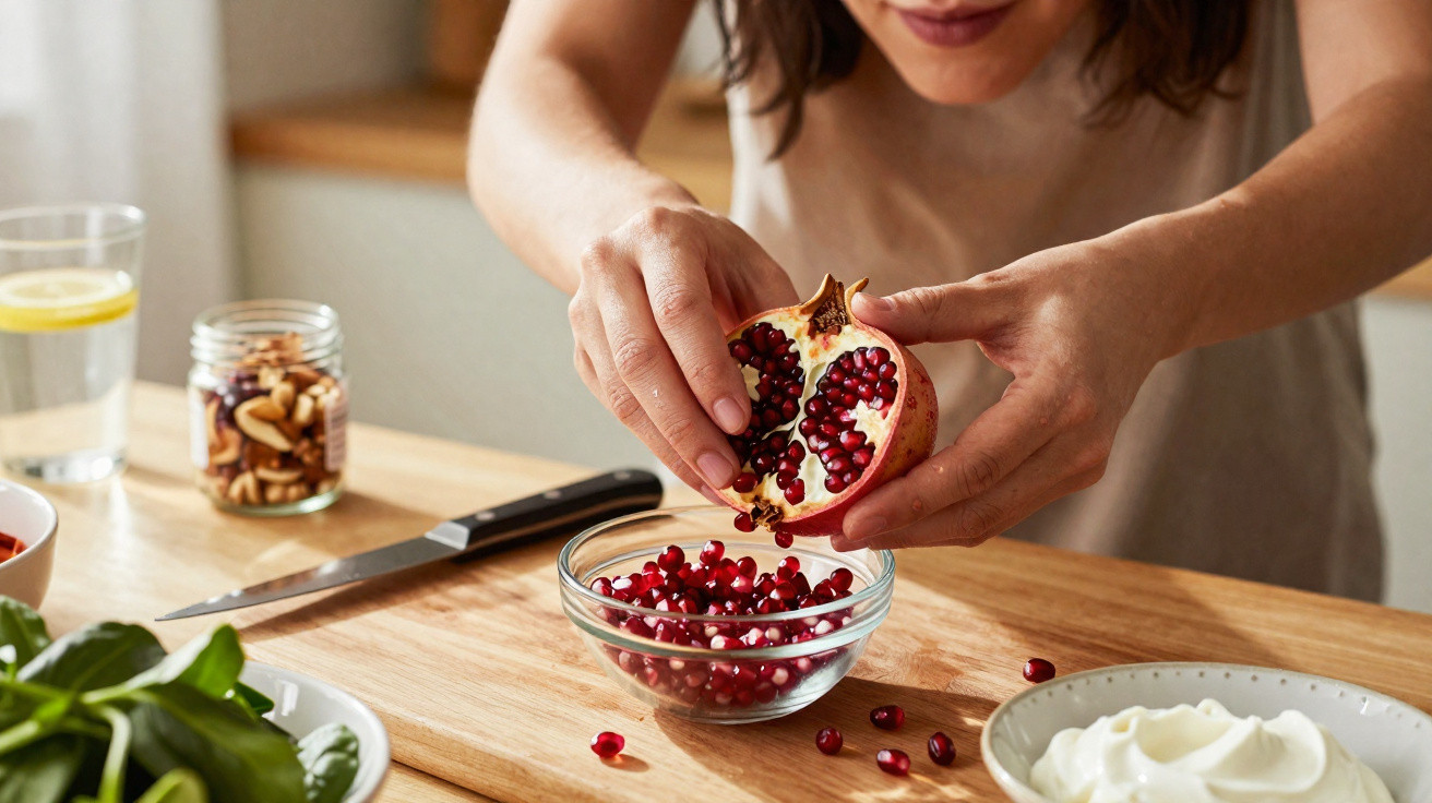 Pessoa a retirar bagos de romã para taça de vidro numa cozinha com ingredientes e utensílios à volta.
