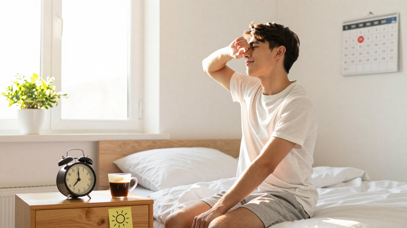 Jovem a acordar na cama, a proteger os olhos do sol, com despertador e café na mesa ao lado.