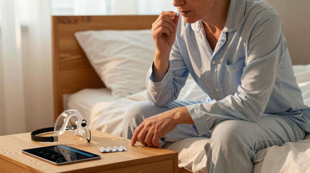 Pessoa em pijama sentada na cama prestes a tomar comprimido, com máscara, remédios e tablet numa mesa de cabeceira.