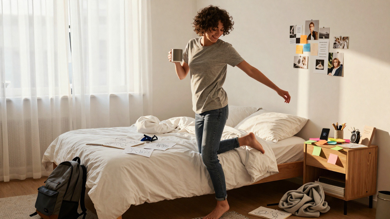 Mulher feliz dança com caneca na mão em quarto iluminado, com cama desfeita e decoração simples.