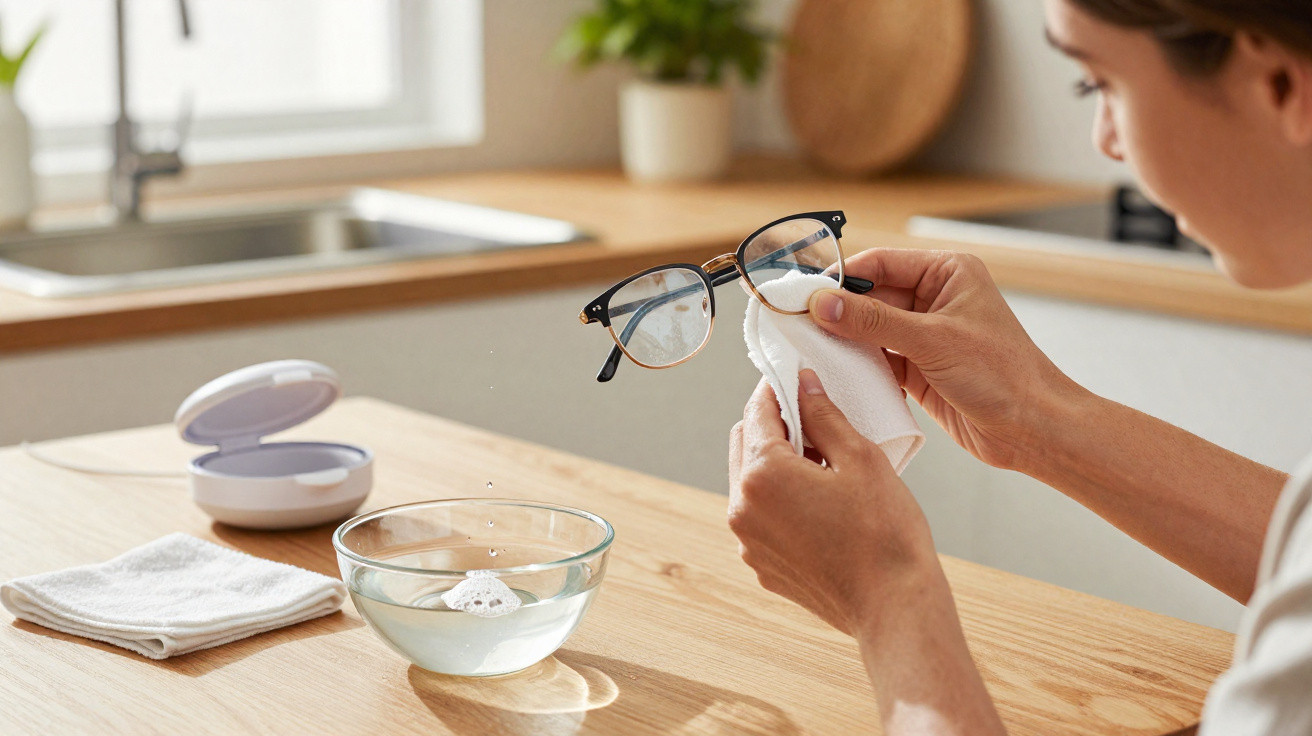Pessoa a limpar óculos com pano branco numa cozinha com luz natural.