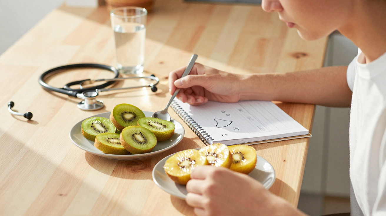Pessoa a anotar num caderno com pratos de kiwi verde e amarelo, estetoscópio e copo de água numa mesa de madeira.
