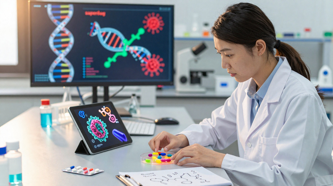Cientista em laboratório a analisar amostras coloridas com imagens digitais de ADN e vírus ao fundo.
