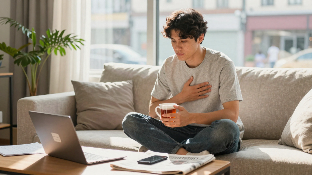 Jovem sentado no sofá com chá na mão, a segurar o peito, com computador e jornal à sua frente.