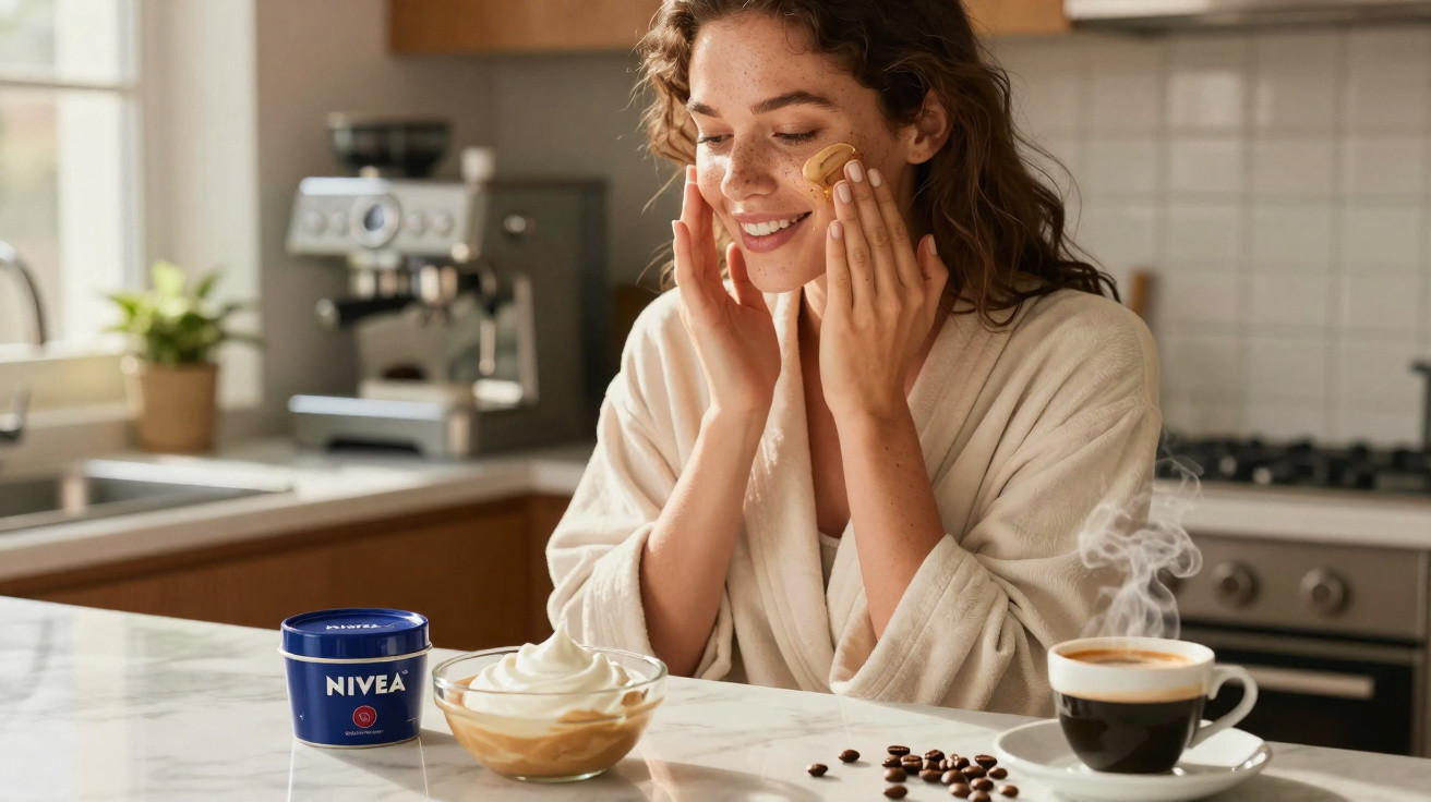 Mulher a aplicar creme Nivea no rosto, sentada à mesa com café, creme e grãos de café na cozinha.