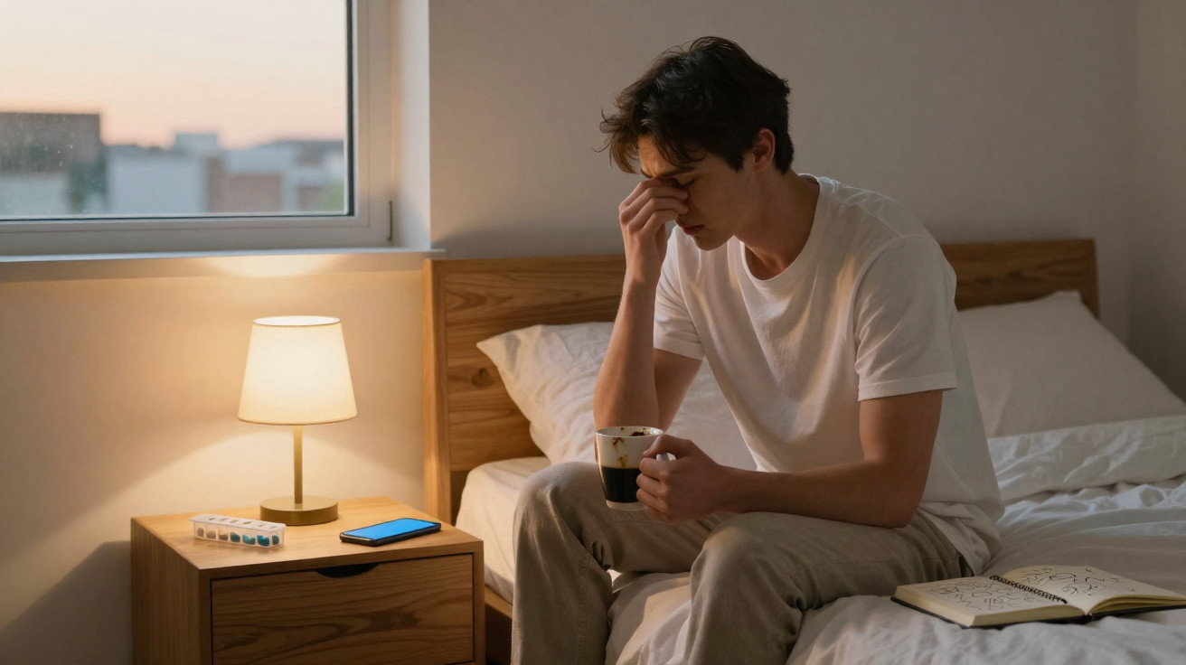 Homem sentado na cama com expressão cansada, segurando um café, ao lado de uma mesinha com remédios e um telemóvel.