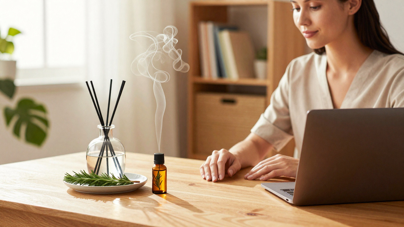 Mulher sentada à mesa ao computador com difusor de ambiente e frasco de óleo essencial a libertar vapor.