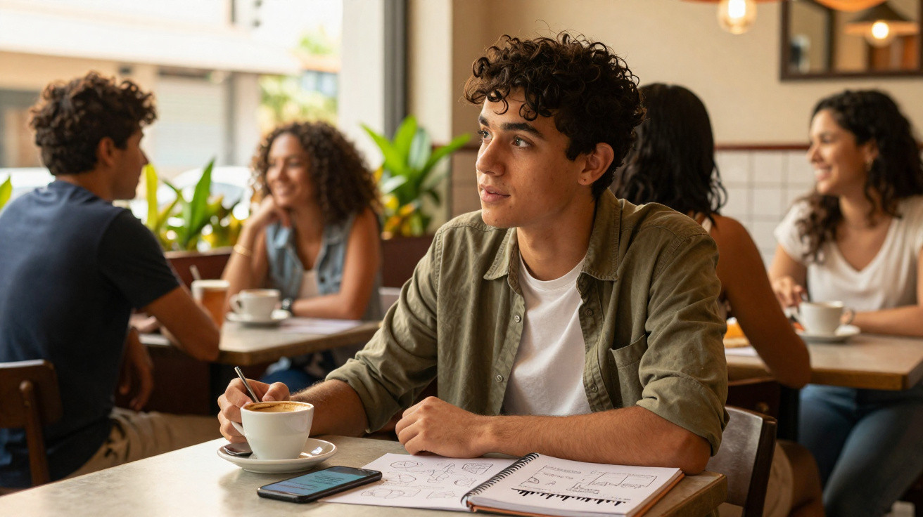 Jovem sentado numa mesa de café, a beber café e a olhar para longe, com caderno e smartphone à sua frente.