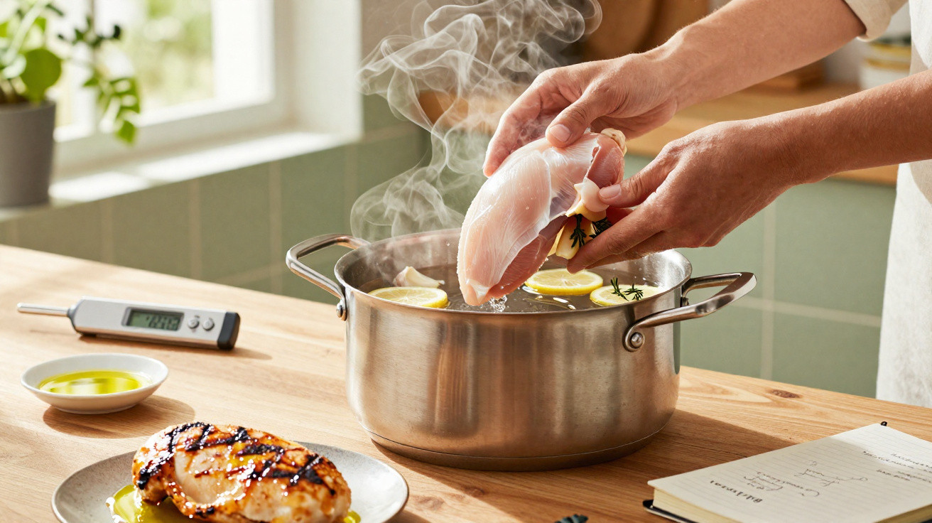 Mãos a colocar peito de frango cru numa panela com água e limão, com temperatura visível e frango grelhado à frente.