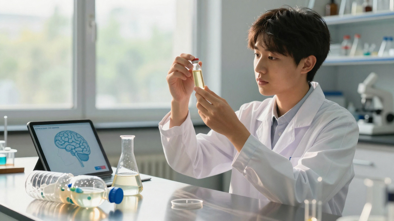 Cientista com bata de laboratório a analisar frasco com líquido amarelo num laboratório moderno.