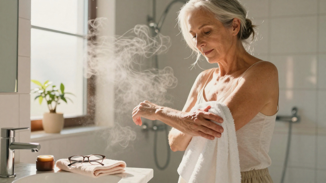 Mulher sénior a aplicar creme no braço com vapor numa casa de banho iluminada.