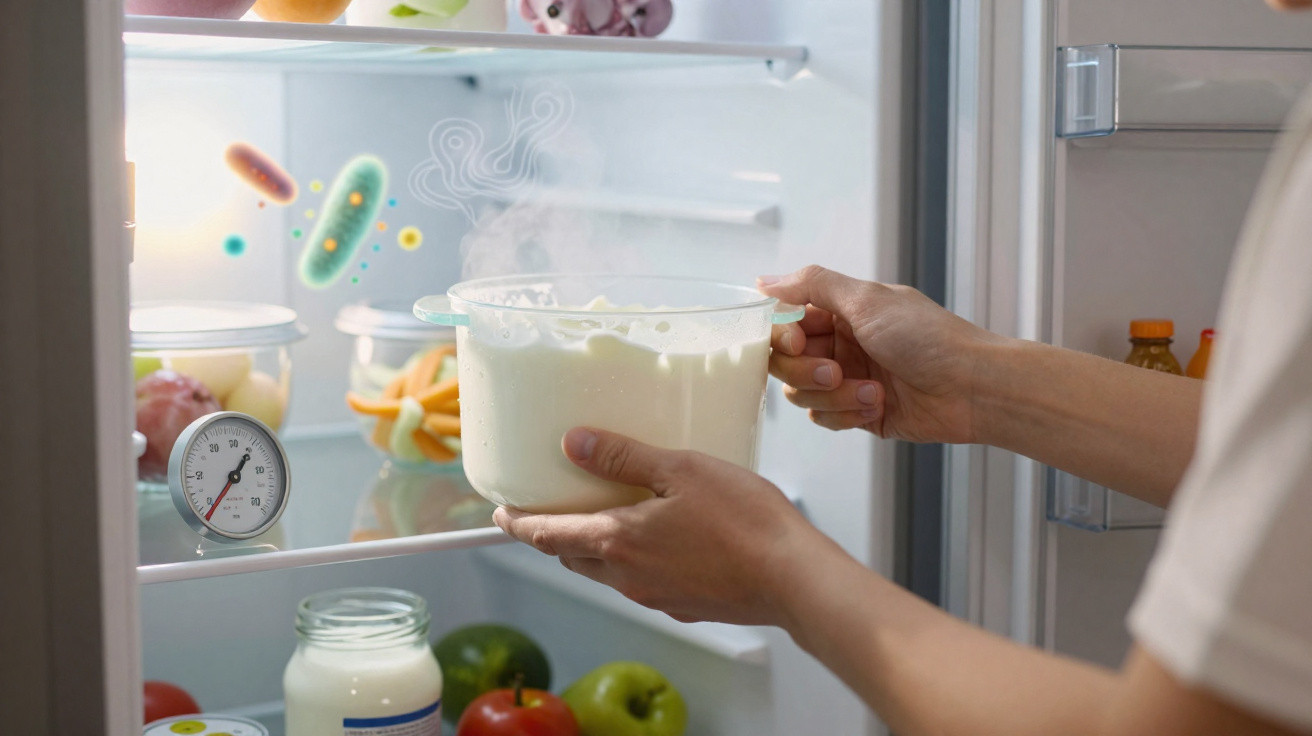Pessoa a colocar recipiente com alimento quente na geladeira, com termómetro interior visível.