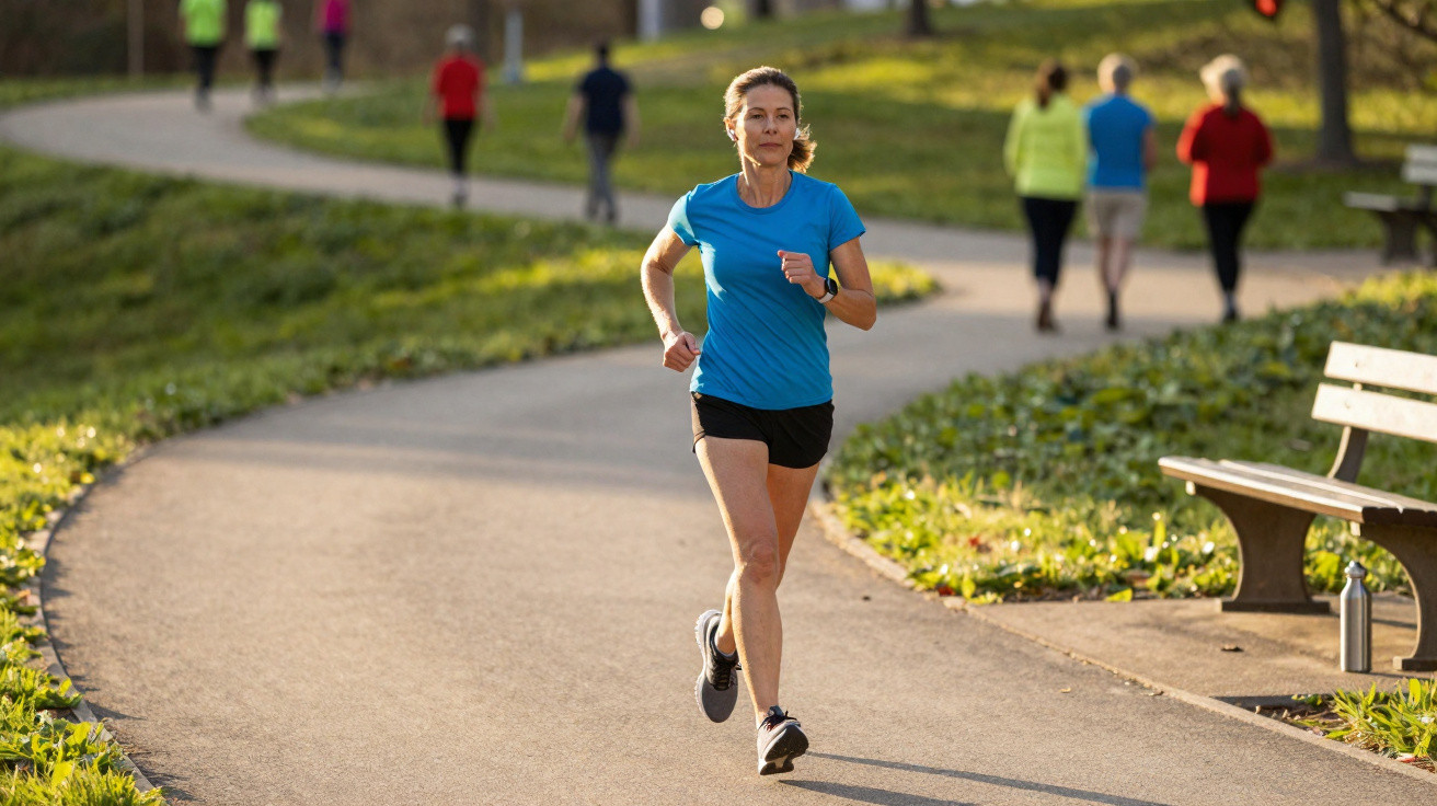 Mulher a correr num parque ensolarado, com várias pessoas a caminhar ao fundo e banco com garrafa ao lado.