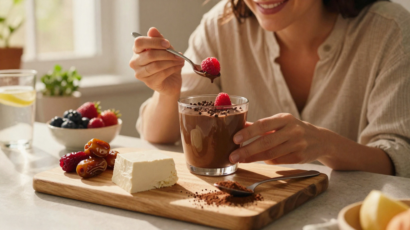 Mulher sorridente a comer mousse de chocolate com framboesas, junto a tâmaras, queijo e frutos vermelhos.