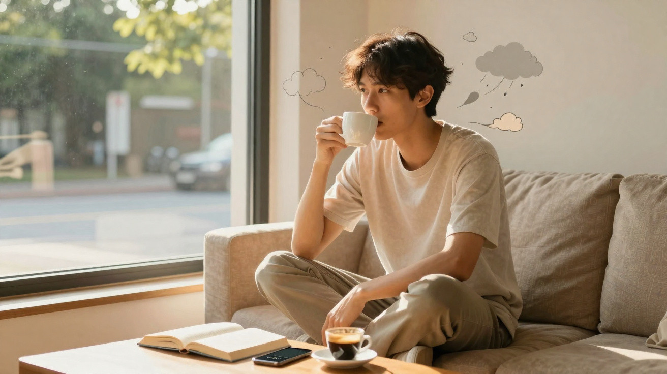 Homem sentado num sofá a beber café, com livro aberto e telemóvel numa mesa à frente, perto de uma janela.