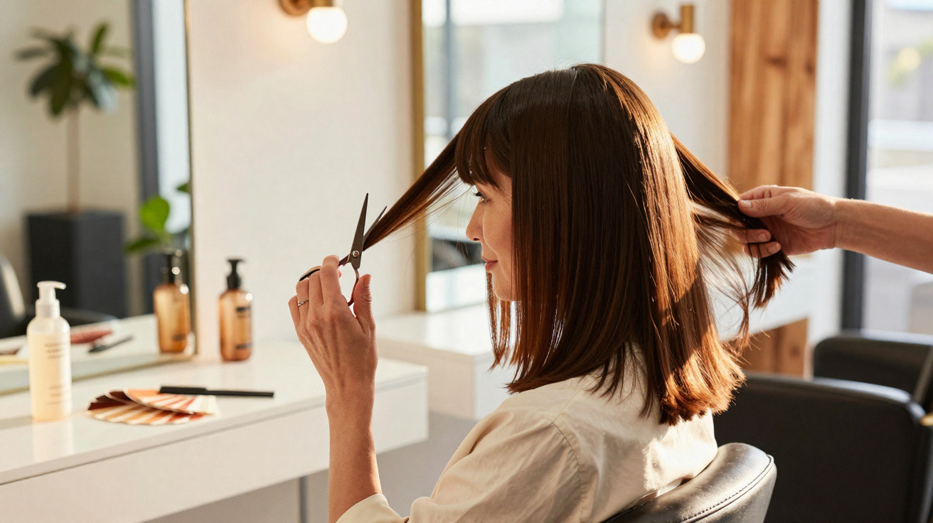 Mulher sentada num cabeleireiro a cortar o cabelo com tesoura, com mãos de cabeleireiro a segurar o cabelo.