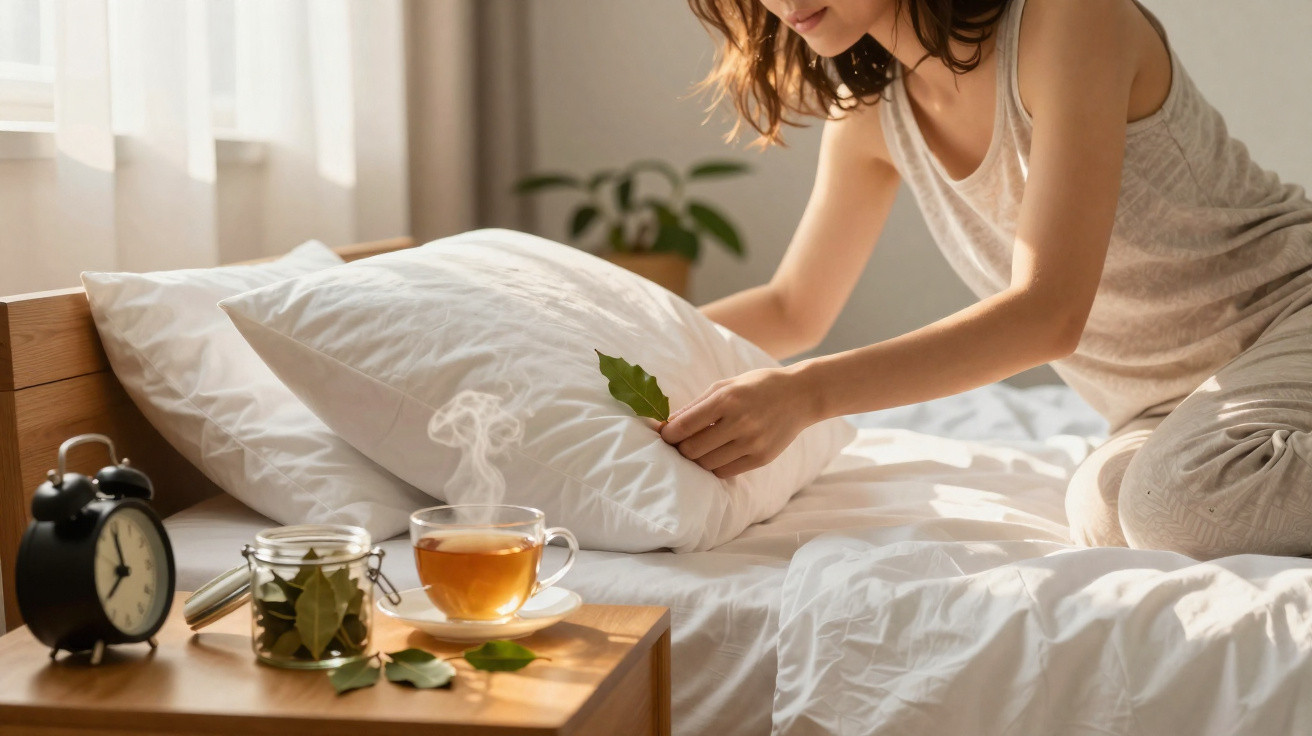 Mulher coloca folha de louro debaixo da almofada na cama, ao lado de chá quente e relógio despertador.