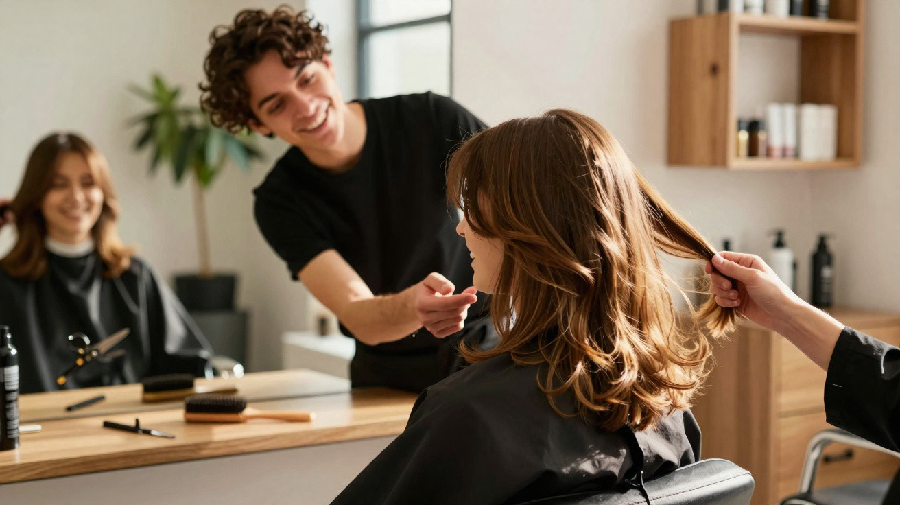 Cabeleireiro a analisar e a pentear cabelo de mulher sentada em cadeira num salão moderno e iluminado.