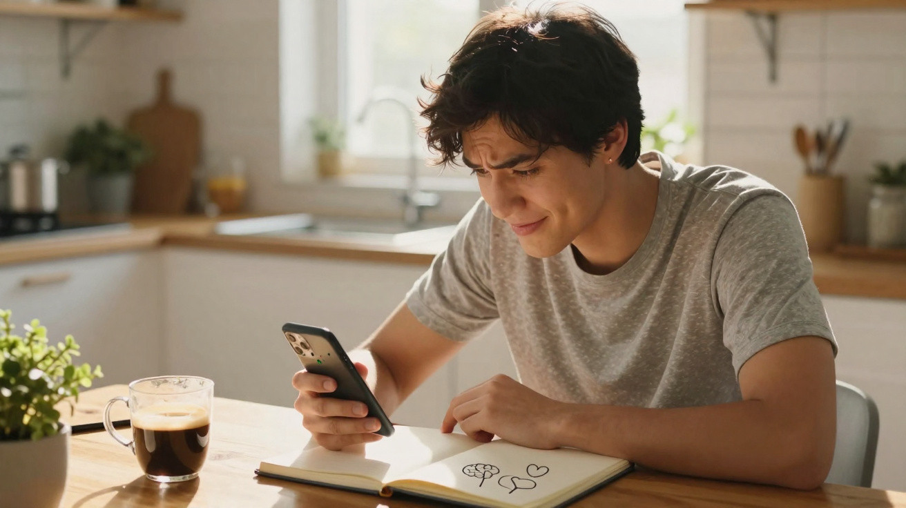Jovem sentado à mesa na cozinha a olhar para o telemóvel com expressão pensativa, ao lado de um caderno e café.