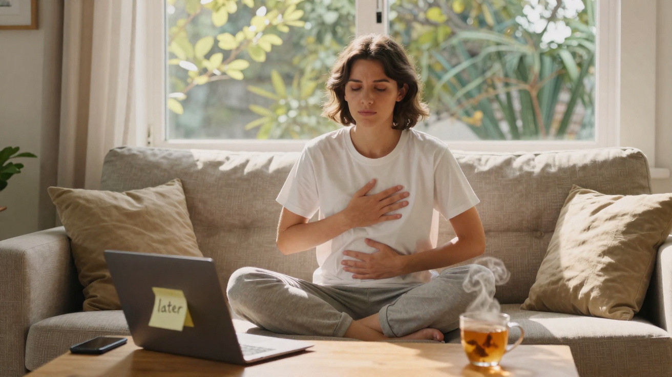 Mulher sentada no sofá a meditar, com as mãos no peito e no abdómen, com chá e computador à frente.
