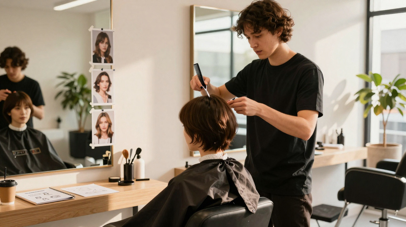 Cabeleireiro a cortar o cabelo de cliente numa cadeira no salão com espelho e fotos de cortes na parede.