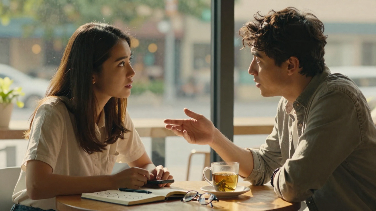 Jovem casal sentado num café, conversando com expressão séria, mesa com caderno, chá e óculos.