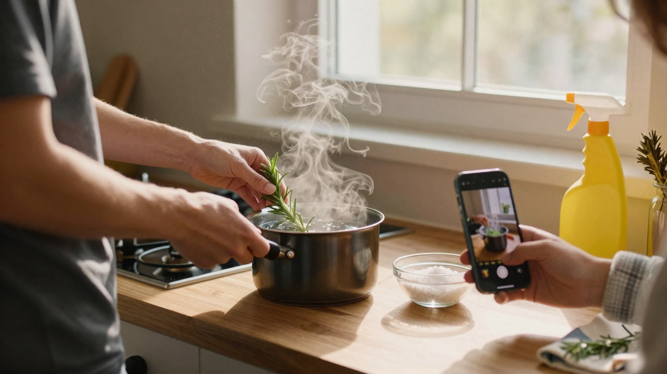 Pessoa cozinhando com ramo de ervas numa panela a ferver enquanto outra tira foto com telemóvel numa cozinha iluminada.