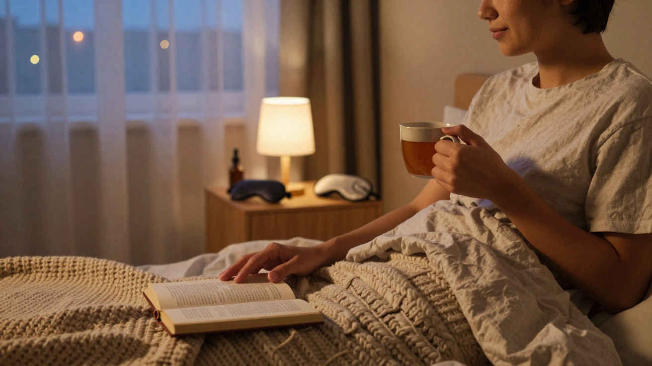 Pessoa sentada na cama a ler um livro e a beber chá num ambiente acolhedor à noite.